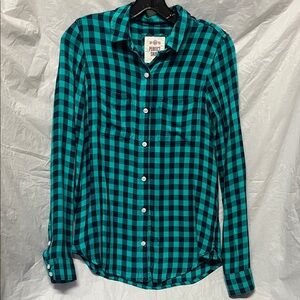 Women's Teal and Black Plaid Button-Down Shirt